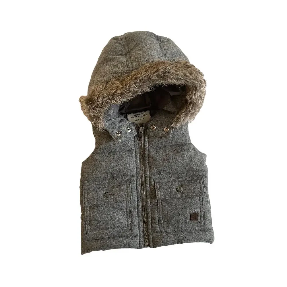 Kids Gray Quilted Hooded Vest Faux Fur Trim‎ Puffer Pockets Zipper Closure 3-6M